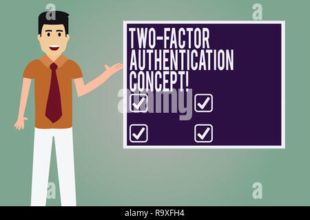 Word writing text Two Factor Authentication Concept. Business concept for two ways of proving your identity Man with Tie Standing Talking Presenting B Stock Photo