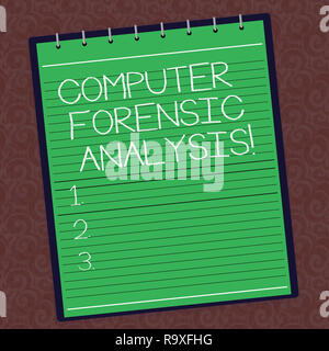 Text sign showing Computer Forensic Analysis. Conceptual photo evidence found in computers and storage media Lined Spiral Top Color Notepad photo on W Stock Photo