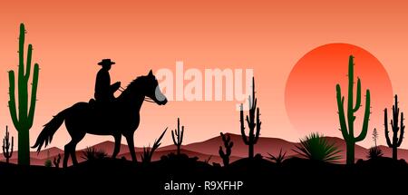 Rider on a horse in the desert, against the background of cacti and sunsets. Sunset in the  stony desert. Silhouette rider on a horse , silhouettes st Stock Vector