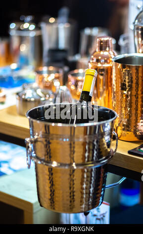 metal ice bucket with bottle of wine Stock Photo