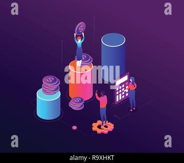 Financial growth - modern colorful isometric vector illustration on purple background. A composition with a businesswoman standing on diagram sector,  Stock Vector