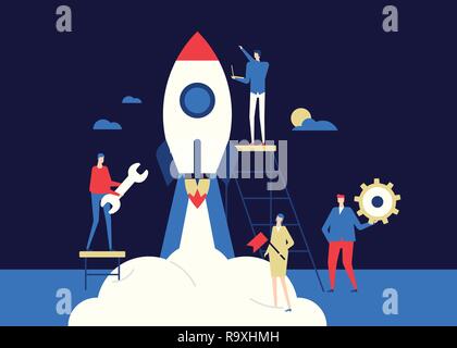 Startup - flat design style conceptual colorful illustration on dark blue background. A composition with male, female colleagues, business team launch Stock Vector