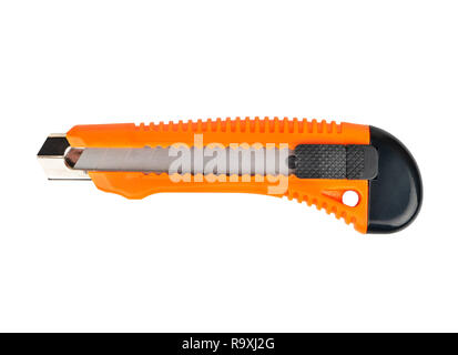 Orange closed cutter knife isolated on white background, top view Stock Photo