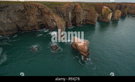 Aerial views of The Green Bridge of Wales, Castlemartin, Pembrokeshire