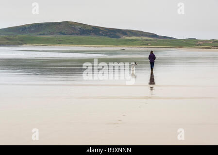 Woman walking her dog along Machir Bay, Traigh Mhachir beach, Rhinns of Islay, Inner Hebrides, Argyll & Bute, Scotland Stock Photo