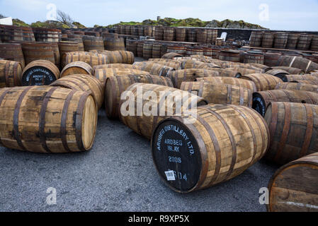 Whisky casks at Ardbeg Distillery, Islay, Inner Hebrides, Argyll & Bute, Scotland Stock Photo