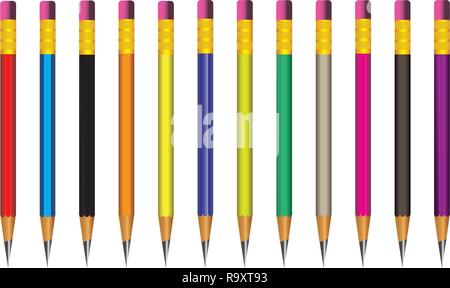 Vector of lead sharp pencil with eraser on white background with realistic 3D wooden pencils with eraser on white background. Vector illustration art Stock Vector