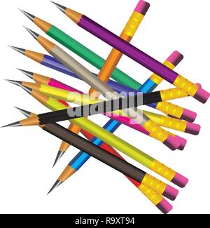 Vector of lead sharp pencil with eraser on white background with realistic 3D wooden pencils with eraser on white background. Vector illustration art Stock Vector