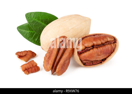 pecan nut with green leaves isolated on white background. Stock Photo