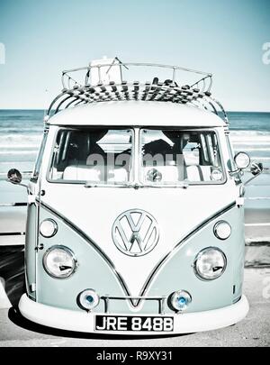 Green VW campervan on beach, St Agnes, Cornwall, UK Stock Photo - Alamy