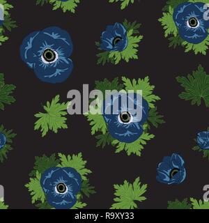 Vector floral repeat seamless pattern with blue anemone flowers on black background. Stock Vector
