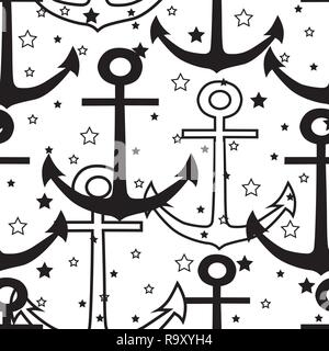 Vector black and white anchors repeat seamless pattern with stars and circles on white background. Stock Vector