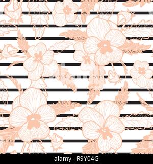 Vector blush pansy pattern on black and white stripe background. Floral vector repeat seamless pattern Stock Vector