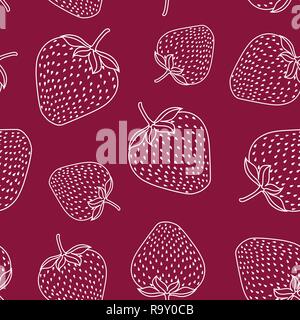 Seamless vector pattern with white line strawberries on raspberry red background. Stock Vector