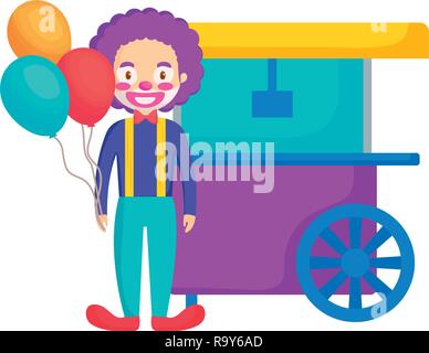 circus clown with pop corn cart and balloons vector illustration design Stock Vector