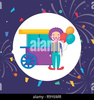 circus clown with pop corn cart and balloons vector illustration design Stock Vector