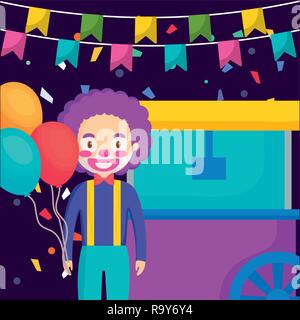 circus clown with pop corn cart and balloons vector illustration design Stock Vector