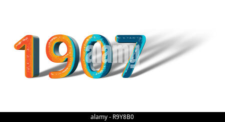 3D Number Year 1907 joyful hopeful colors and white background