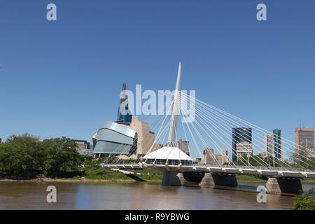 Provencher Bridge across the Red River in Summer, Winnipeg, Manitoba, Canada. Blue Sky Stock Photo