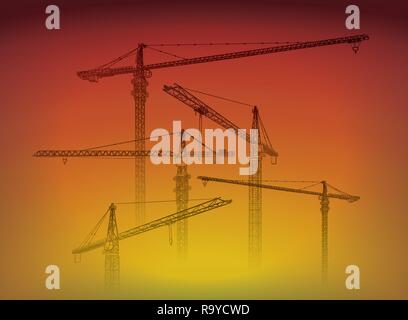 Tower construction crane vector line art on sunset Stock Vector