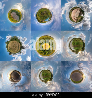 set of nine little planets. Spherical aerial 360 view panoramas among fields in summer evening sunset with awesome clouds Stock Photo
