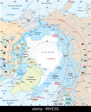 Arctic Ocean map with North Pole and Arctic Circle. Arctic region map ...