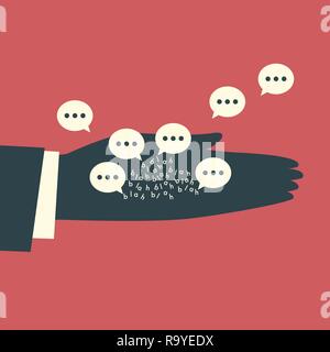 The human hand feeds the messaging icons as birds with B, L, A, H letters. Chatting concept illustration. Stock Vector