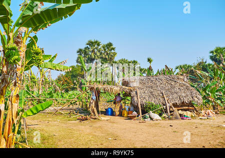 AVA, MYANMAR - FEBRUARY 21, 2018: The old farmer's shanty  among the green palms in banana farm, on February 21 in Ava. Stock Photo
