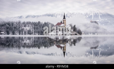 Lake Bled with St. Marys Church of the Assumption on the small island - Bled, Slovenia, Europe. Stock Photo