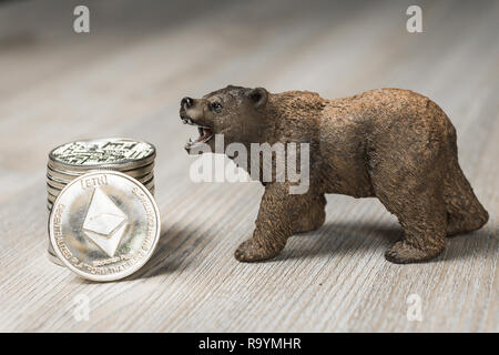 Bear With Silver Ethereum Cryptocurrency. Bear Market Wall Street Financial Concept. Stock Photo