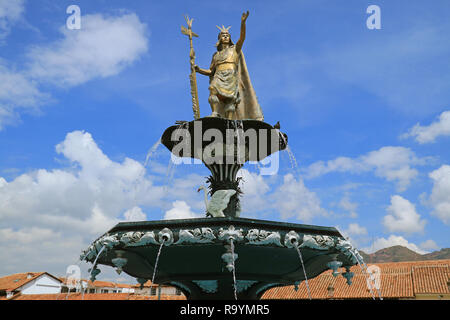 Statue of Pachacuti Inca Yupanqui on the Fountain Top at Plaza de Armas, the Main Square of Cusco, Peru Stock Photo