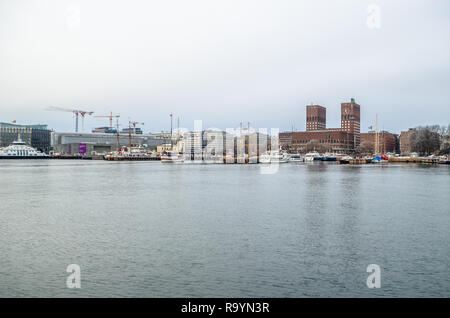 Waterfront of Oslo in winter cold sunset. Stock Photo