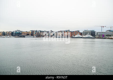 Waterfront of Oslo in winter cold sunset. Stock Photo