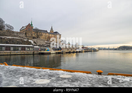 Winter Akershus fortress waterfront. Stock Photo
