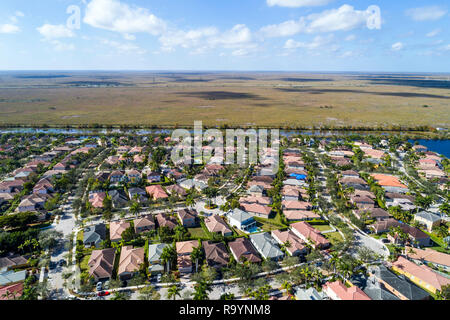 Weston Florida,Fort Ft. Lauderdale,aerial overhead view from above,homes residences bordering Everglades Francis S. Taylor Wildlife Management Area,FL Stock Photo