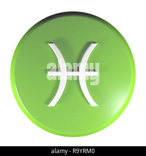 ZODIAC PISCES ICON green circle push button  - 3D rendering illustration Stock Photo