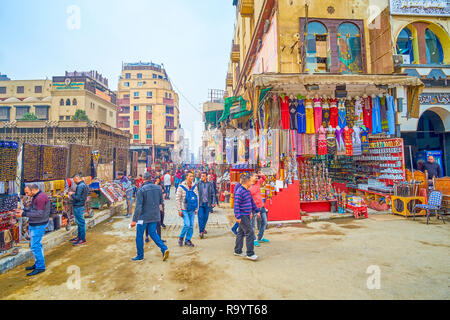 CAIRO, EGYPT - DECEMBER 20, 2017: The huge Khan El-Khalili market is the central tourist market in Islamic district, and offer all kind of souvenirs a Stock Photo