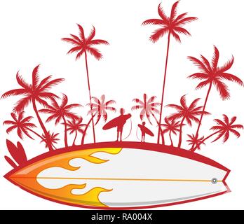 surfboard with palm tree isoalted on white. vector illustration Stock Vector