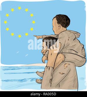 father and son immigrants in front of the European flag Stock Vector