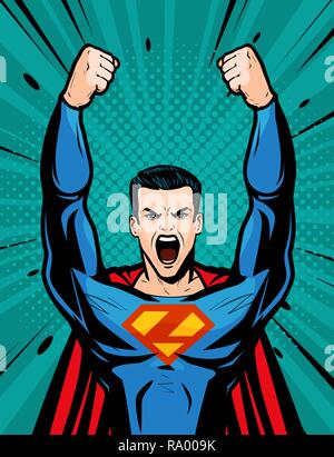Superhero strong. Cartoon in pop art retro comic style, vector illustration Stock Vector