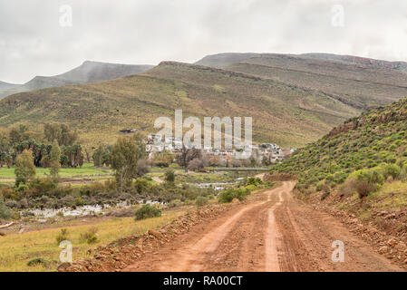 End of the Kerskop or Eselbank Pass in the Cederberg Mountains of the Western Cape Province. Wupperthal is visible in the back Stock Photo