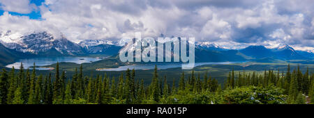 A panoramic view of the Kananaskis Valley including the Upper and Lower Kananaskis Lakes from the Kananaskis fire lookout in Peter Lougheed Provincial Stock Photo