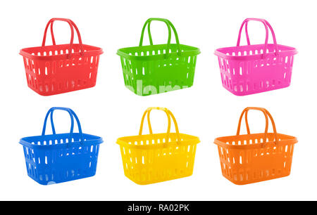 Collection of colorful shopping baskets isolated on white background Stock Photo