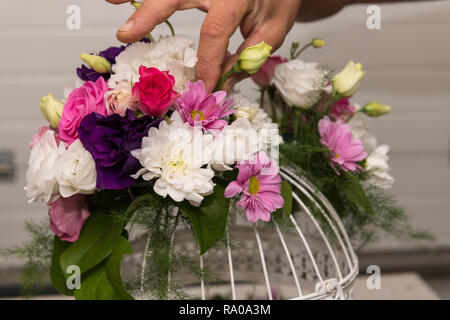 Finishing up a bridal flower display in birdcage as bloom decoration at a wedding reception. Stock Photo