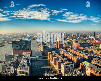 Hamburg drone fly over Elbphilharmonie Stock Photo