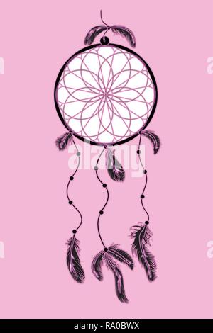 North American Indian dreamcatcher ornament isolated on a pink background Stock Vector
