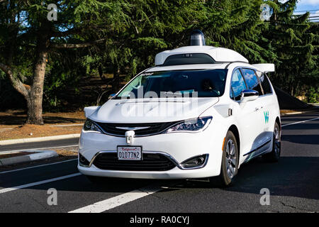 December 23, 2018 Mountain View / CA / USA - Waymo self driving car performing tests on a street near Google's headquarters, Silicon Valley Stock Photo