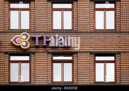 Copenhagen, Denmark - August 28, 2018: Thai airways logo on a building.  Thai airways is the flag carrier airline of Thailand Stock Photo