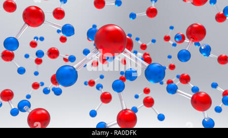 Many H2O molecules of water with red atom of oxygen and blue hydrogen atoms. Science and chemistry concept. One molecule is in focus and other are not