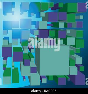 Abstract flying cubes - perspective background in 3d style. Simple vector illustration - futuristic backdrop. For computer science or big data design  Stock Vector